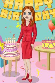 Kim's Yahoo Avatar for this entry, a red suit dress with a birthday cake